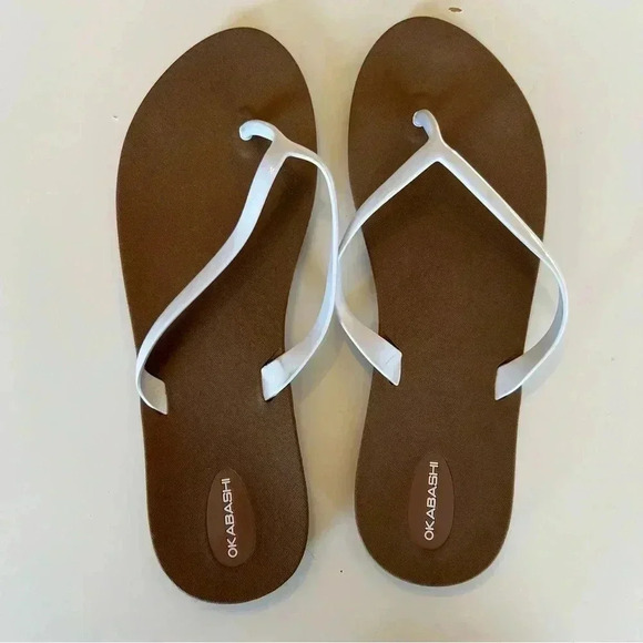 Okabashi White and Brown Thong Flip Flops Made in the USA - Picture 1 of 4